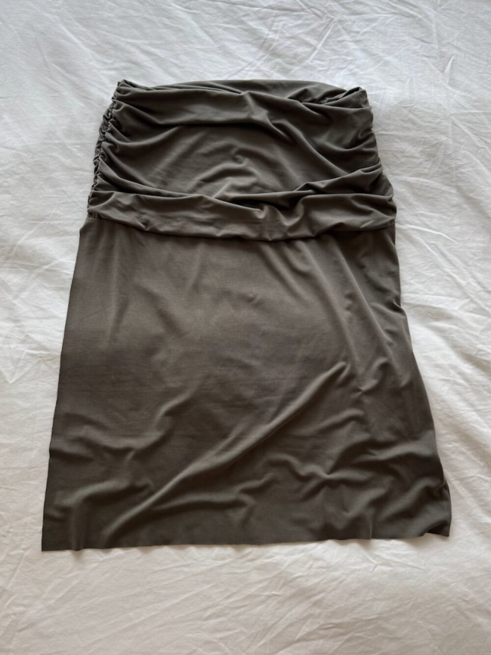 With Jean LIla skirt in slate - mdi skirt with ruched detail.